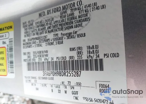 2013 Ford Fusion Se из США, поврежденный, VIN 3FA6P0H98DR255287